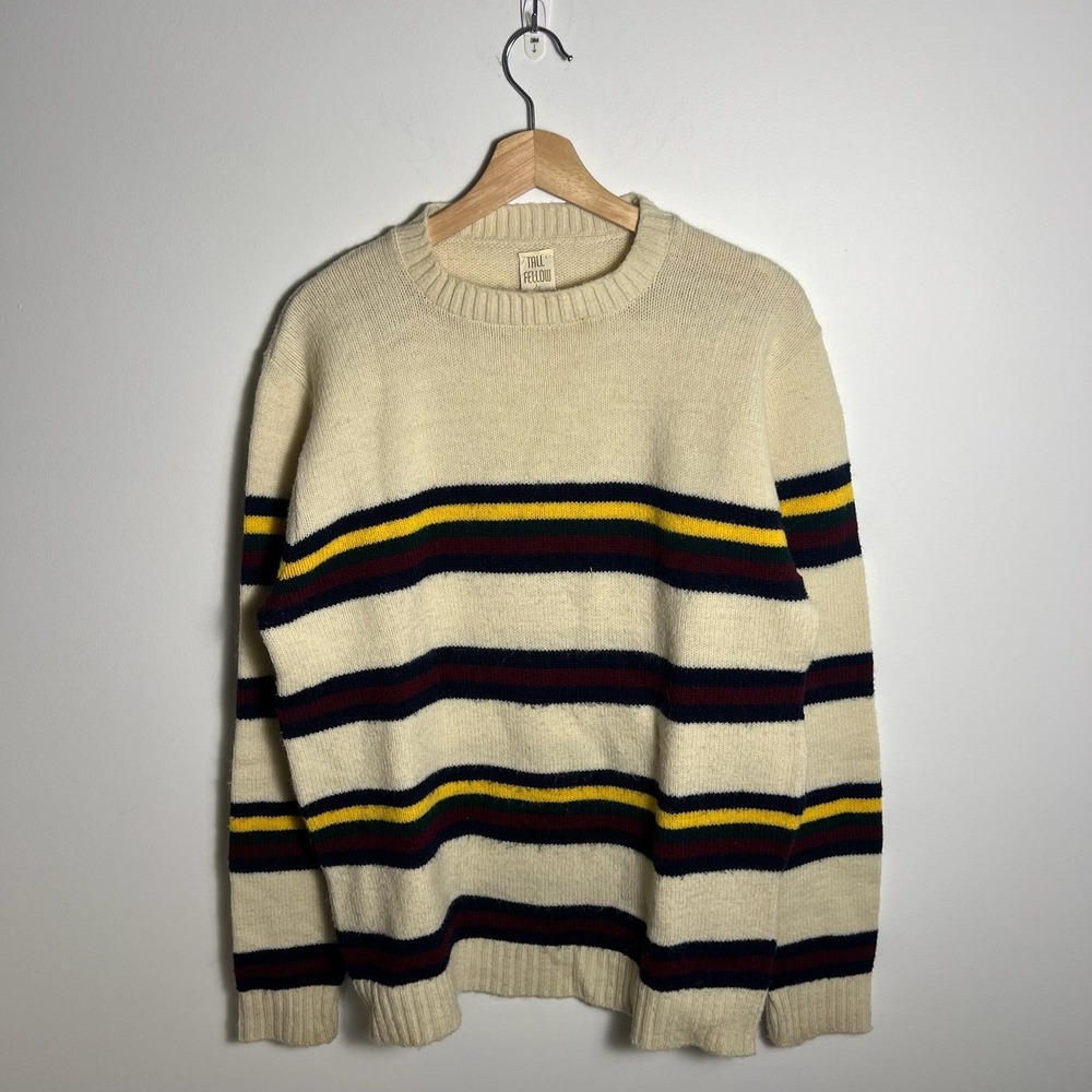 Vintage Lord Jeff Sweater Mens MT White Stripe Acrylic Crewneck 60s 70s Made USA